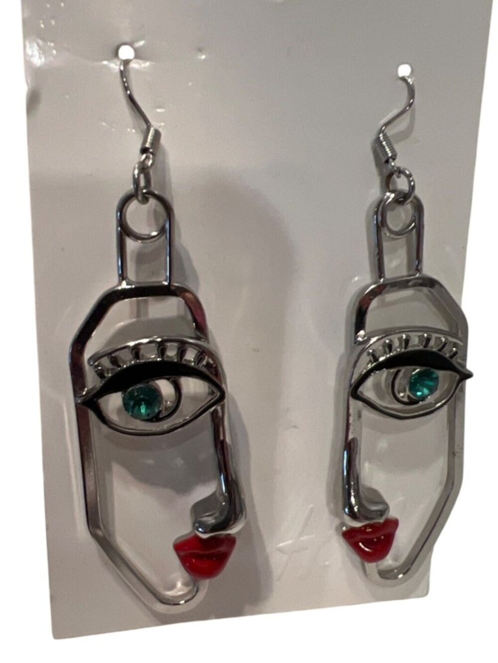 H&M face eye long dangle earrings silver tone NEW